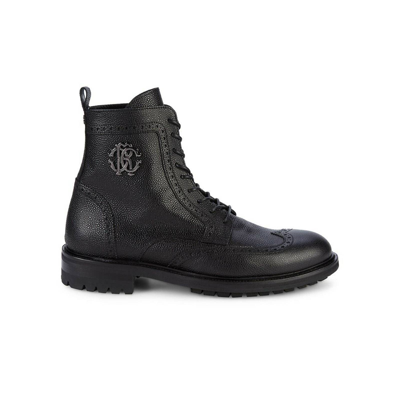 Roberto Cavalli Black Grained Leather Logo Brogue Combat Boots 44.5 / 11.5 Italy